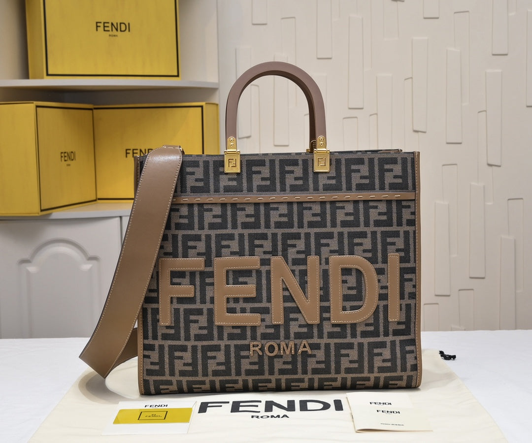 Fendi Sunshine Medium Shopper Bag - Brown FF Fabric with Leather Trim