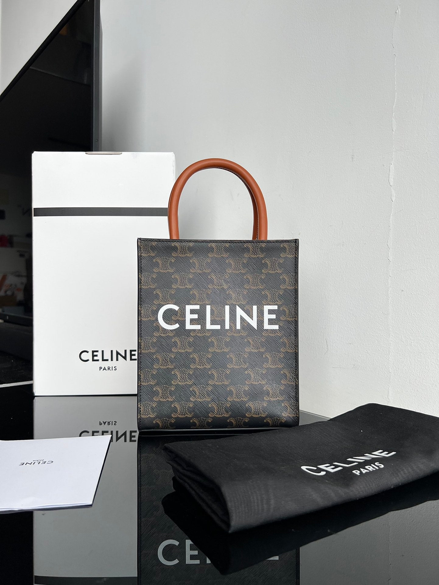 Celine Mini Vertical Cabas in Triomphe Canvas with Celine Print - Tan/Black