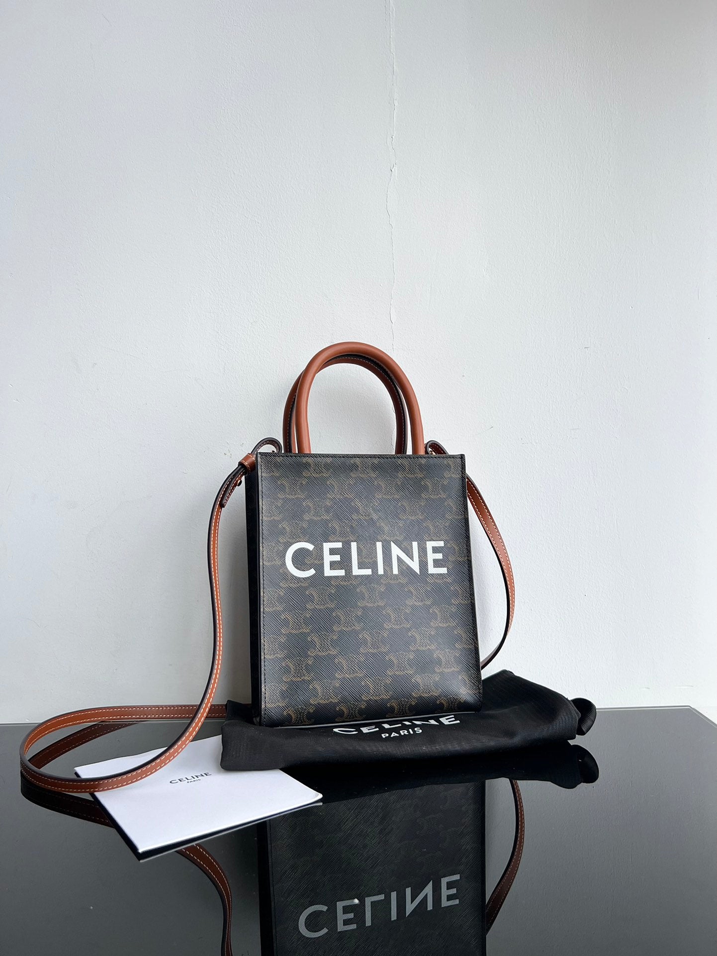 Celine Mini Vertical Cabas in Triomphe Canvas with Celine Print - Tan/Black