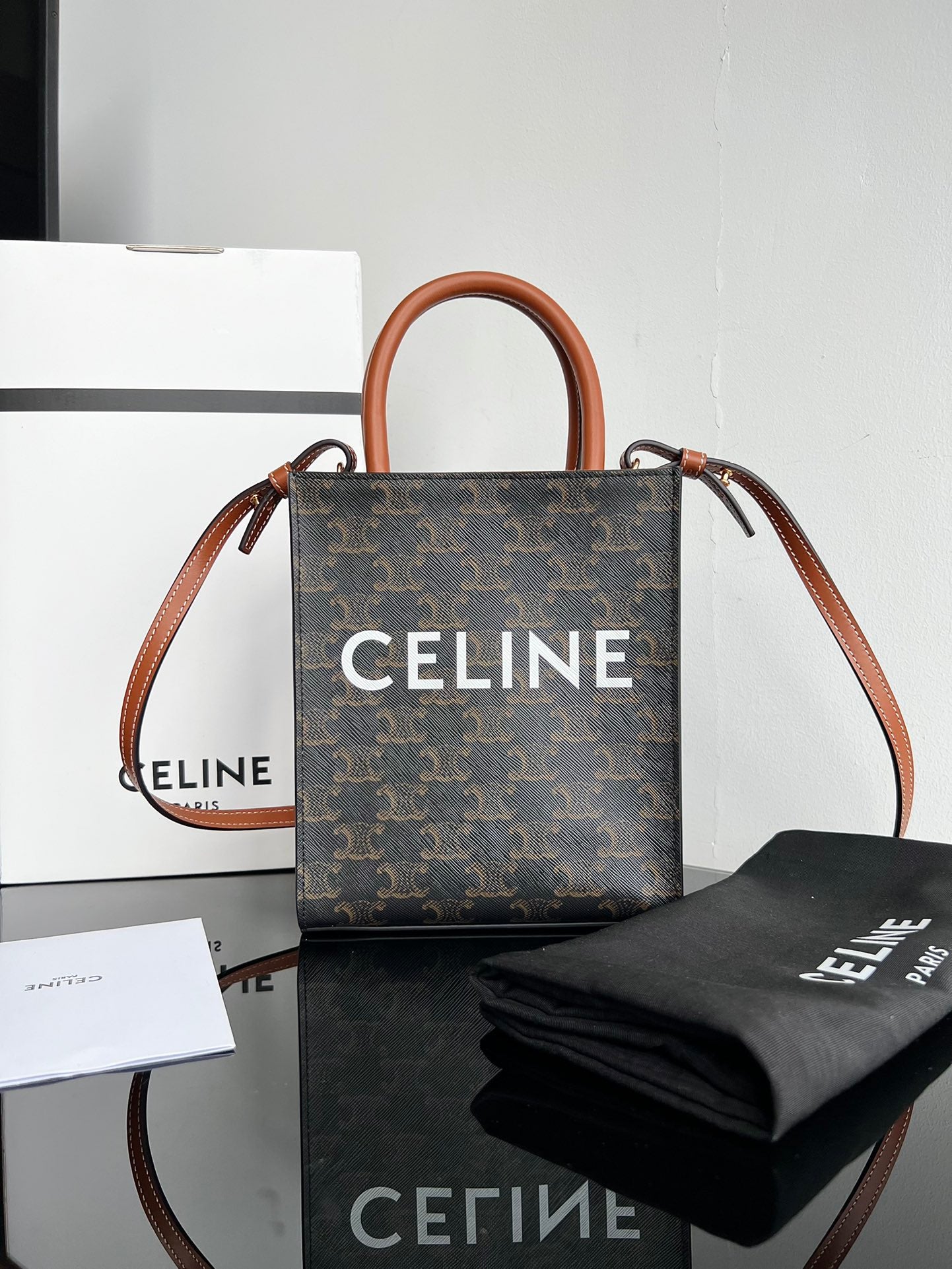 Celine Mini Vertical Cabas in Triomphe Canvas with Celine Print - Tan/Black