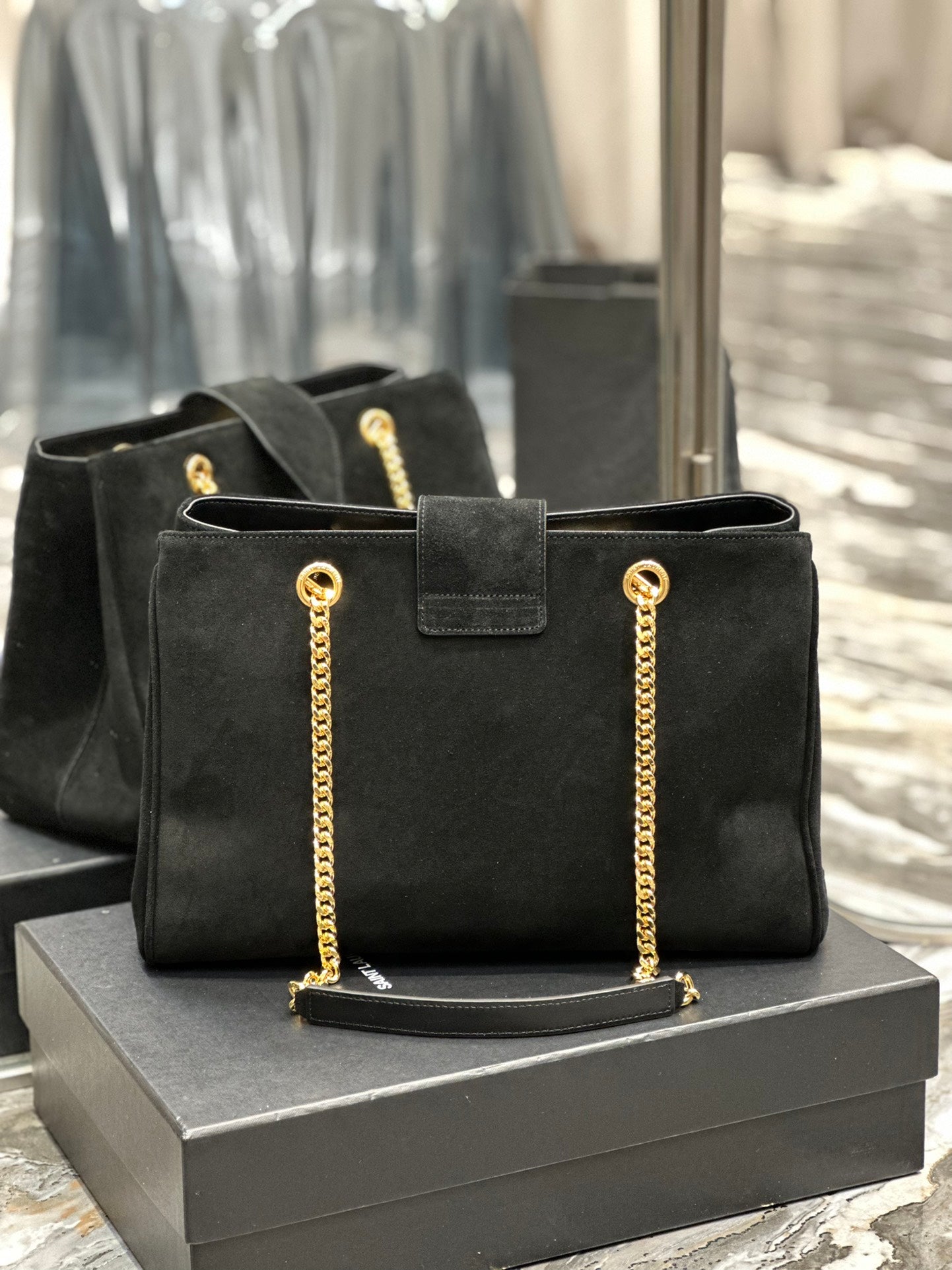 Saint Laurent YSL Monogram Black Suede Shoulder Bag with Gold Chain Hardware