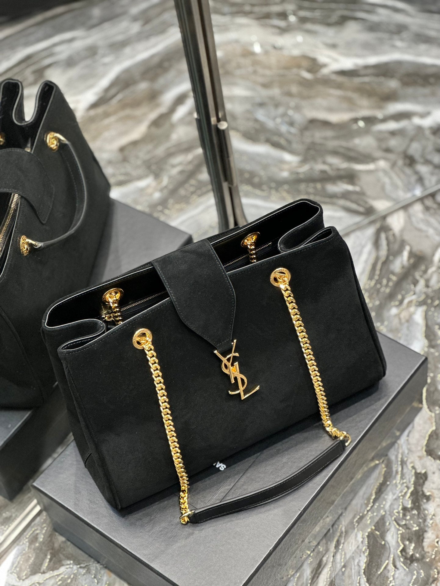 Saint Laurent YSL Monogram Black Suede Shoulder Bag with Gold Chain Hardware