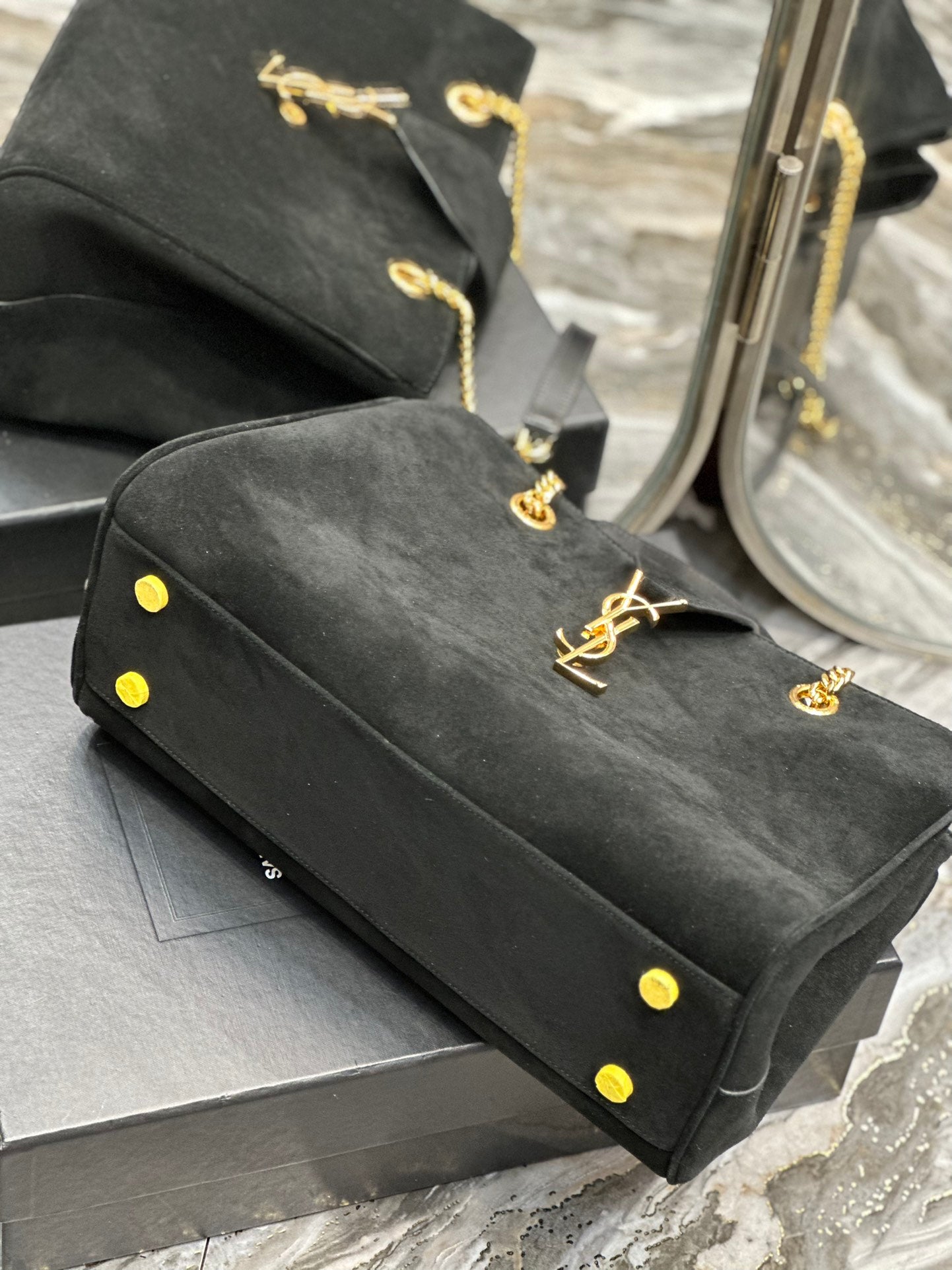Saint Laurent YSL Monogram Black Suede Shoulder Bag with Gold Chain Hardware