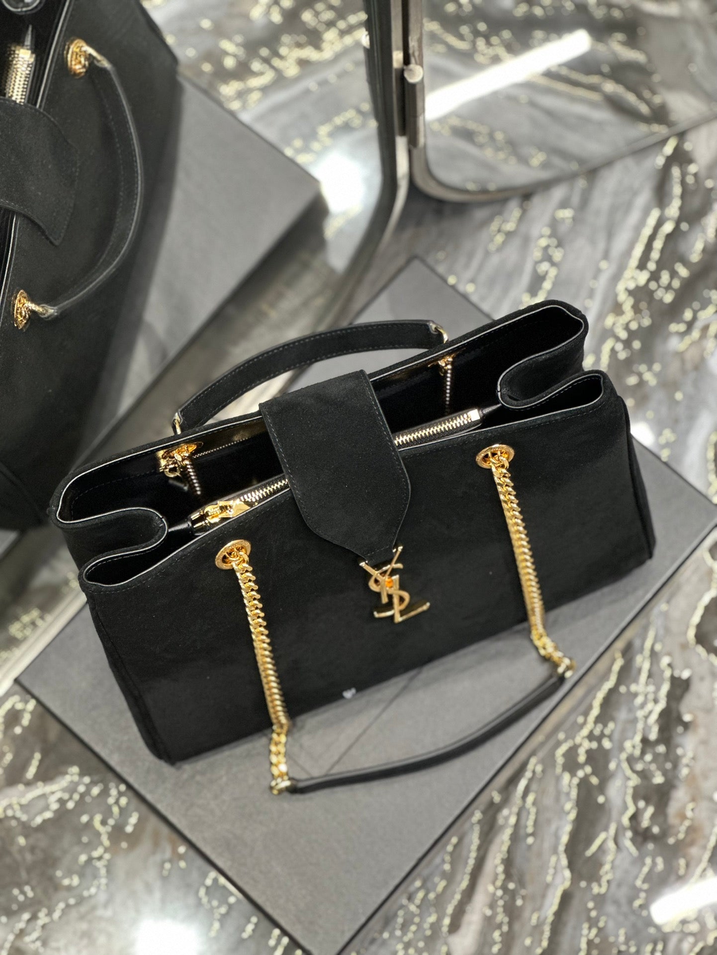 Saint Laurent YSL Monogram Black Suede Shoulder Bag with Gold Chain Hardware
