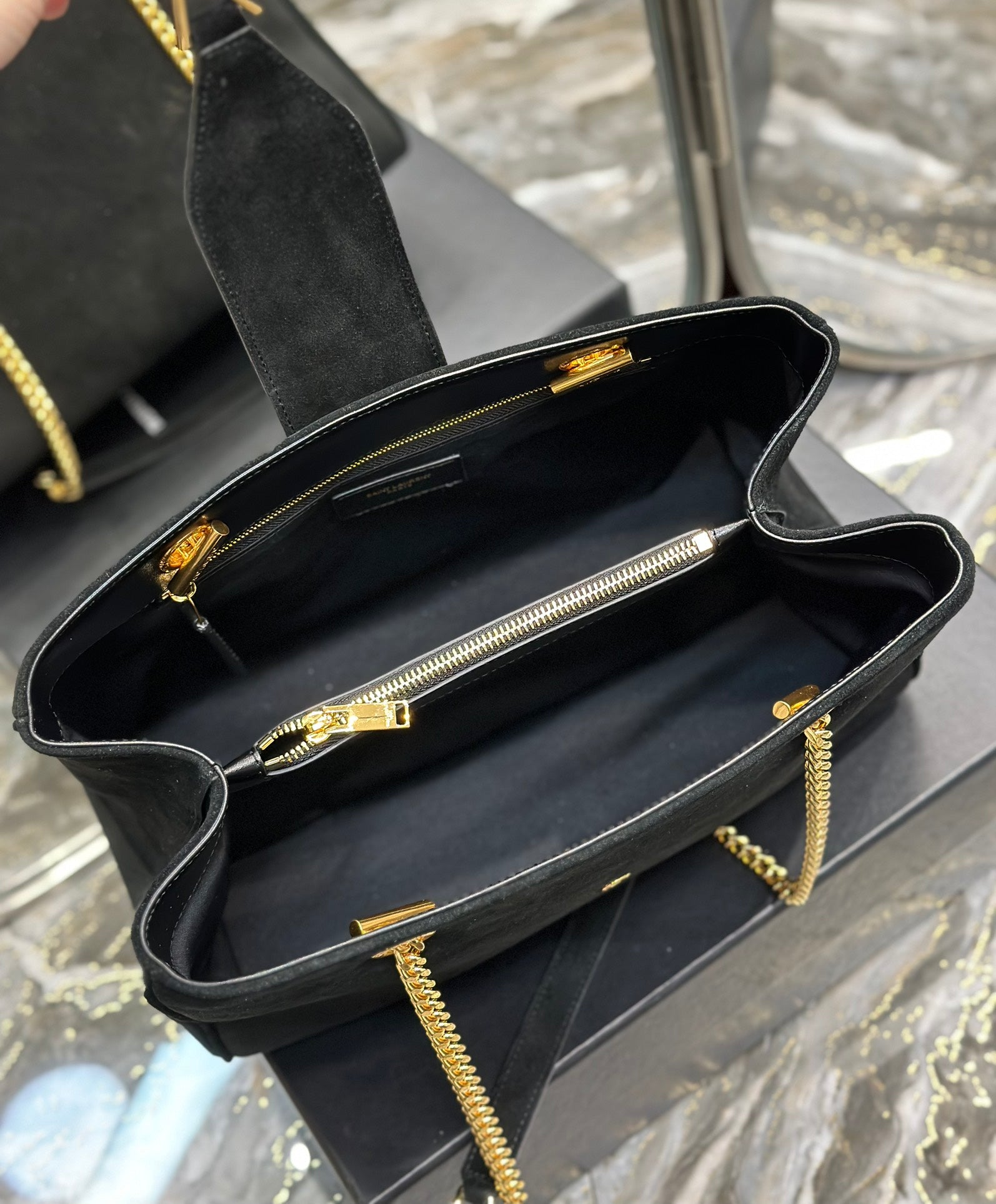 Saint Laurent YSL Monogram Black Suede Shoulder Bag with Gold Chain Hardware