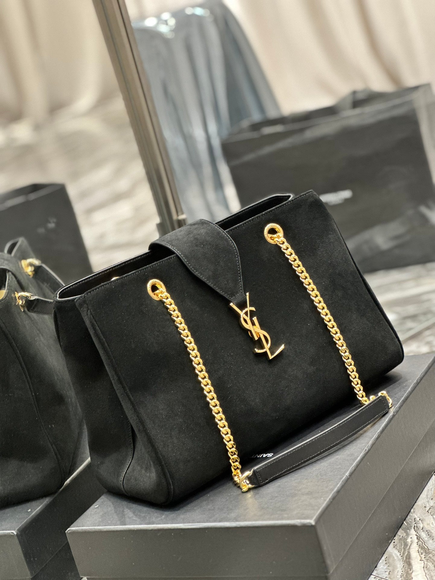 Saint Laurent YSL Monogram Black Suede Shoulder Bag with Gold Chain Hardware