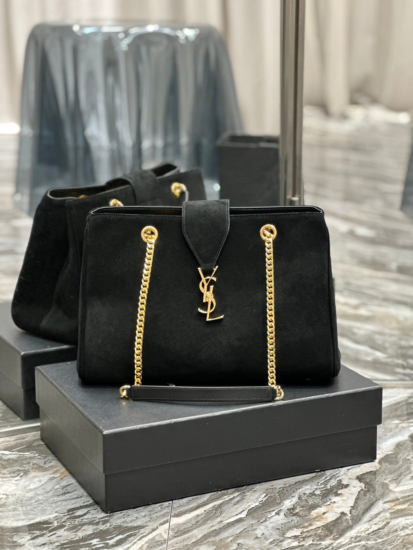 Saint Laurent YSL Monogram Black Suede Shoulder Bag with Gold Chain Hardware