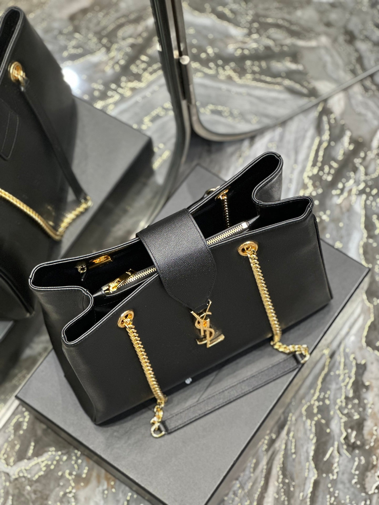 Saint Laurent YSL Black Leather Chain Shoulder Bag with Gold-Tone Hardware