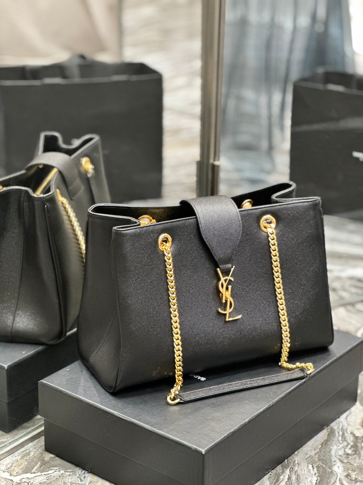 Saint Laurent YSL Black Leather Chain Shoulder Bag with Gold-Tone Hardware