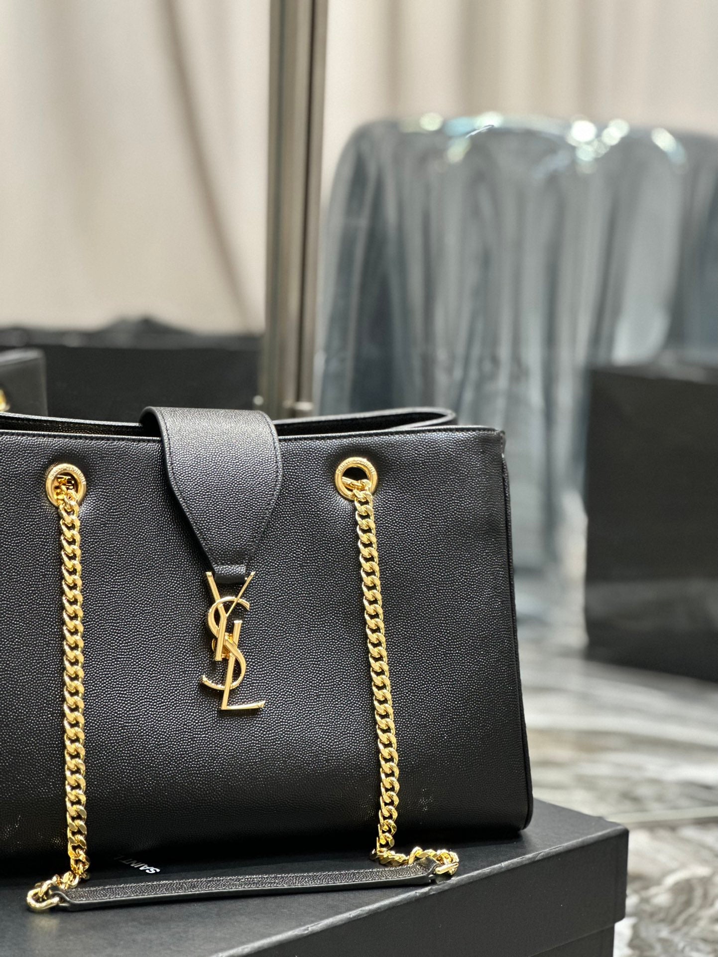 Saint Laurent YSL Black Leather Chain Shoulder Bag with Gold-Tone Hardware