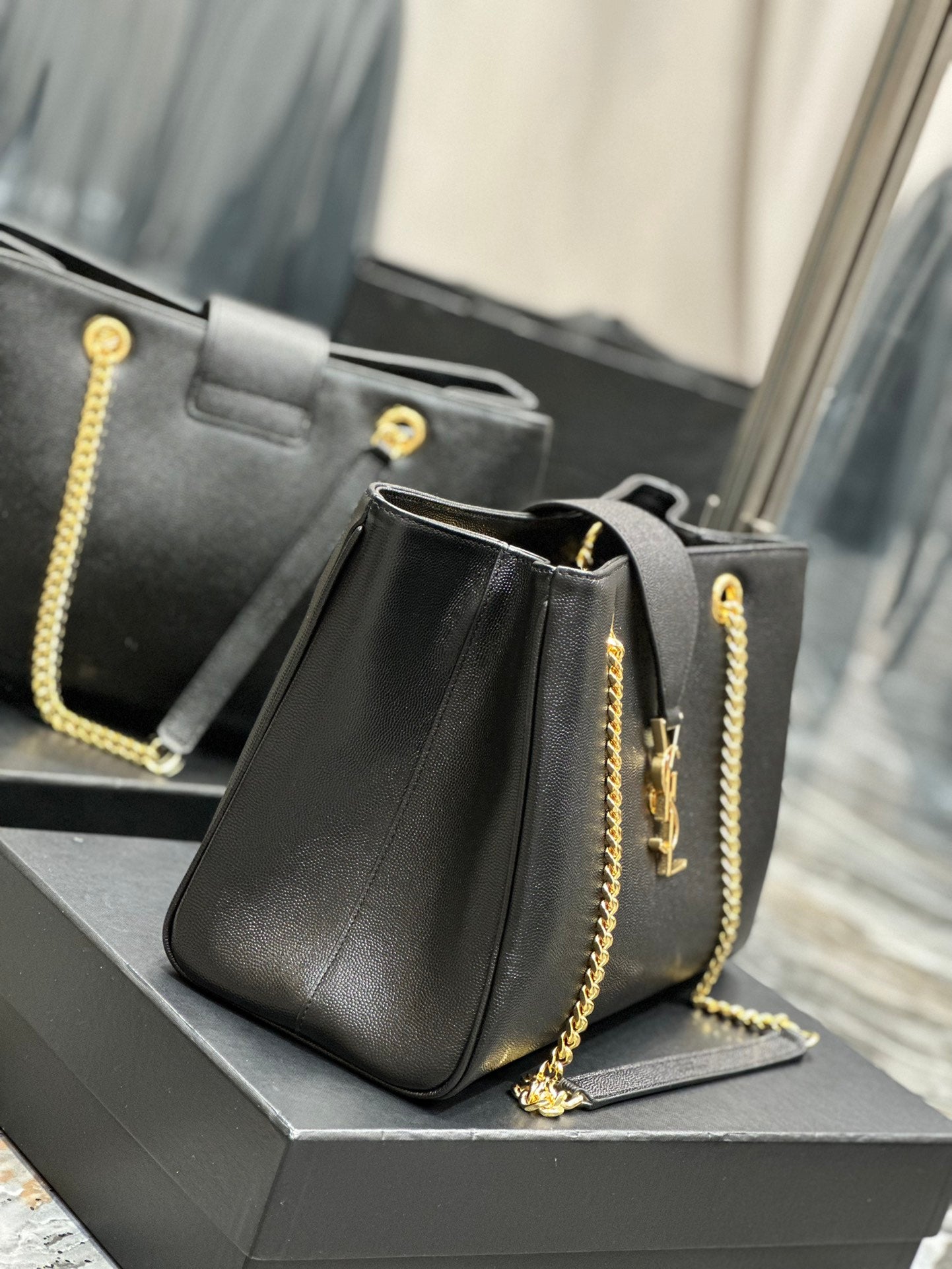 Saint Laurent YSL Black Leather Chain Shoulder Bag with Gold-Tone Hardware