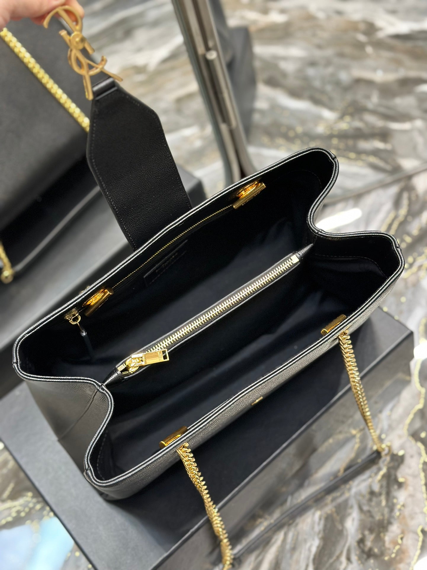 Saint Laurent YSL Black Leather Chain Shoulder Bag with Gold-Tone Hardware