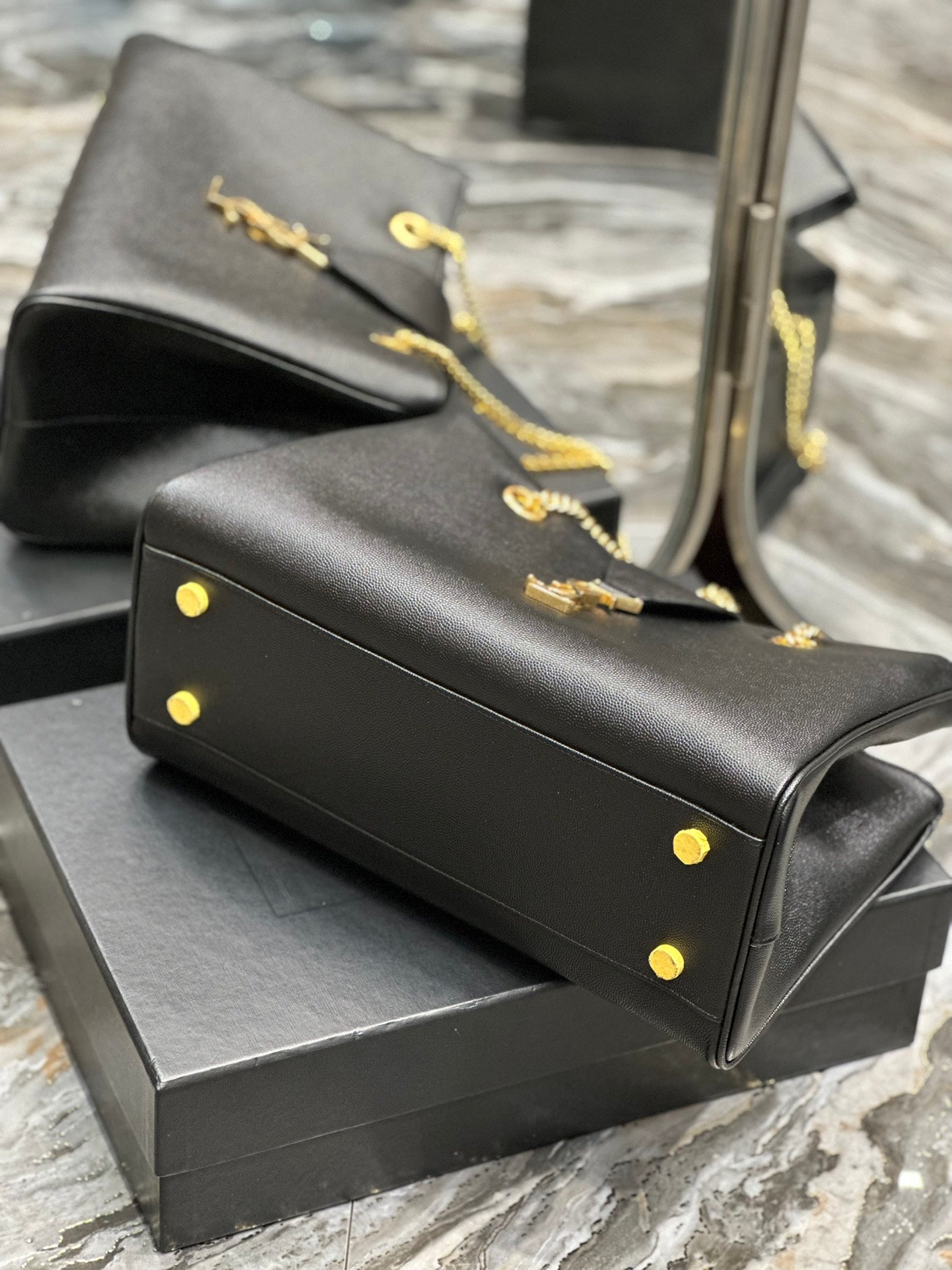 Saint Laurent YSL Black Leather Chain Shoulder Bag with Gold-Tone Hardware
