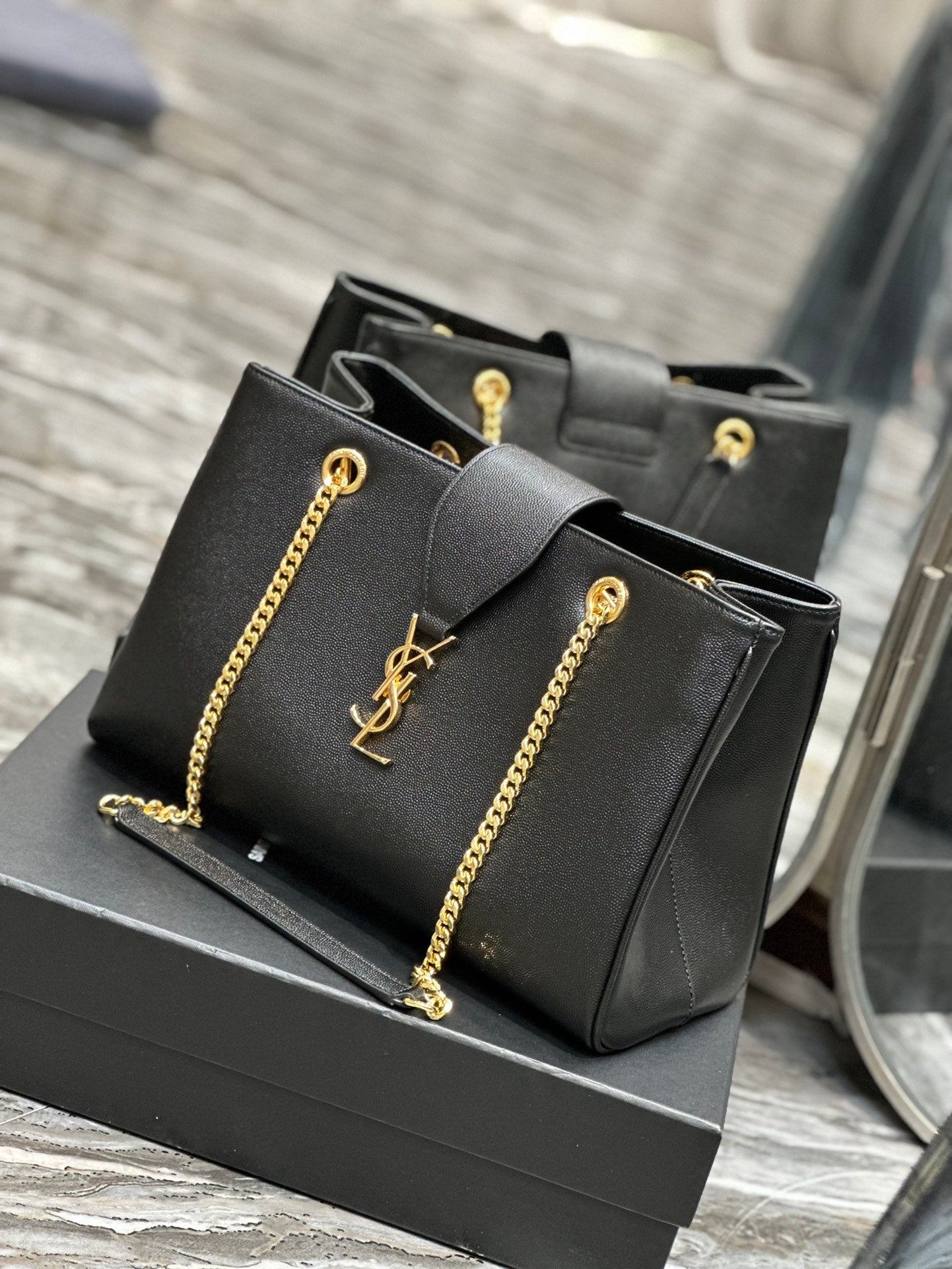 Saint Laurent YSL Black Leather Chain Shoulder Bag with Gold-Tone Hardware
