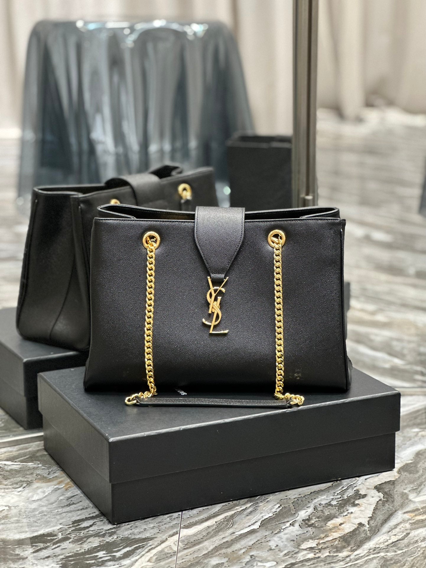 Saint Laurent YSL Black Leather Chain Shoulder Bag with Gold-Tone Hardware