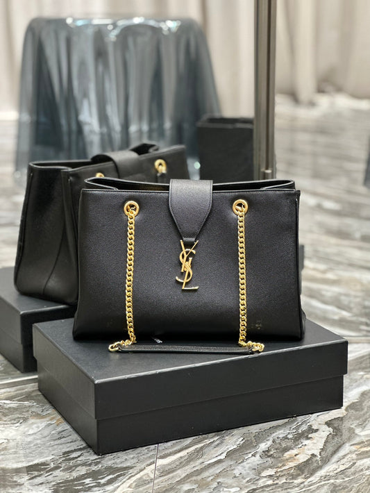 Saint Laurent YSL Black Leather Chain Shoulder Bag with Gold-Tone Hardware