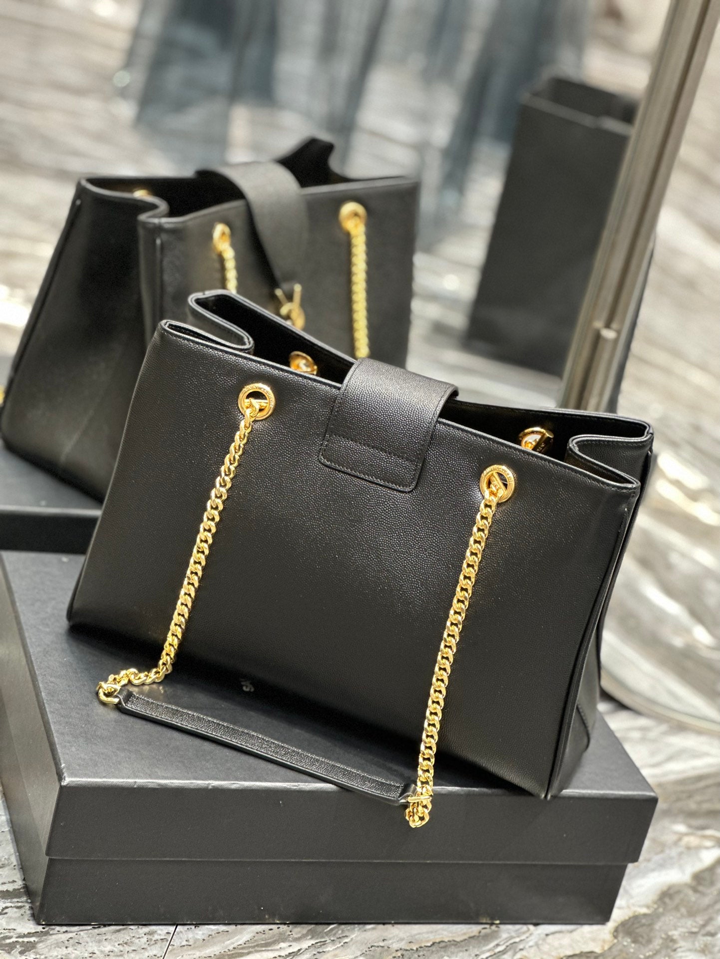 Saint Laurent YSL Black Leather Chain Shoulder Bag with Gold-Tone Hardware