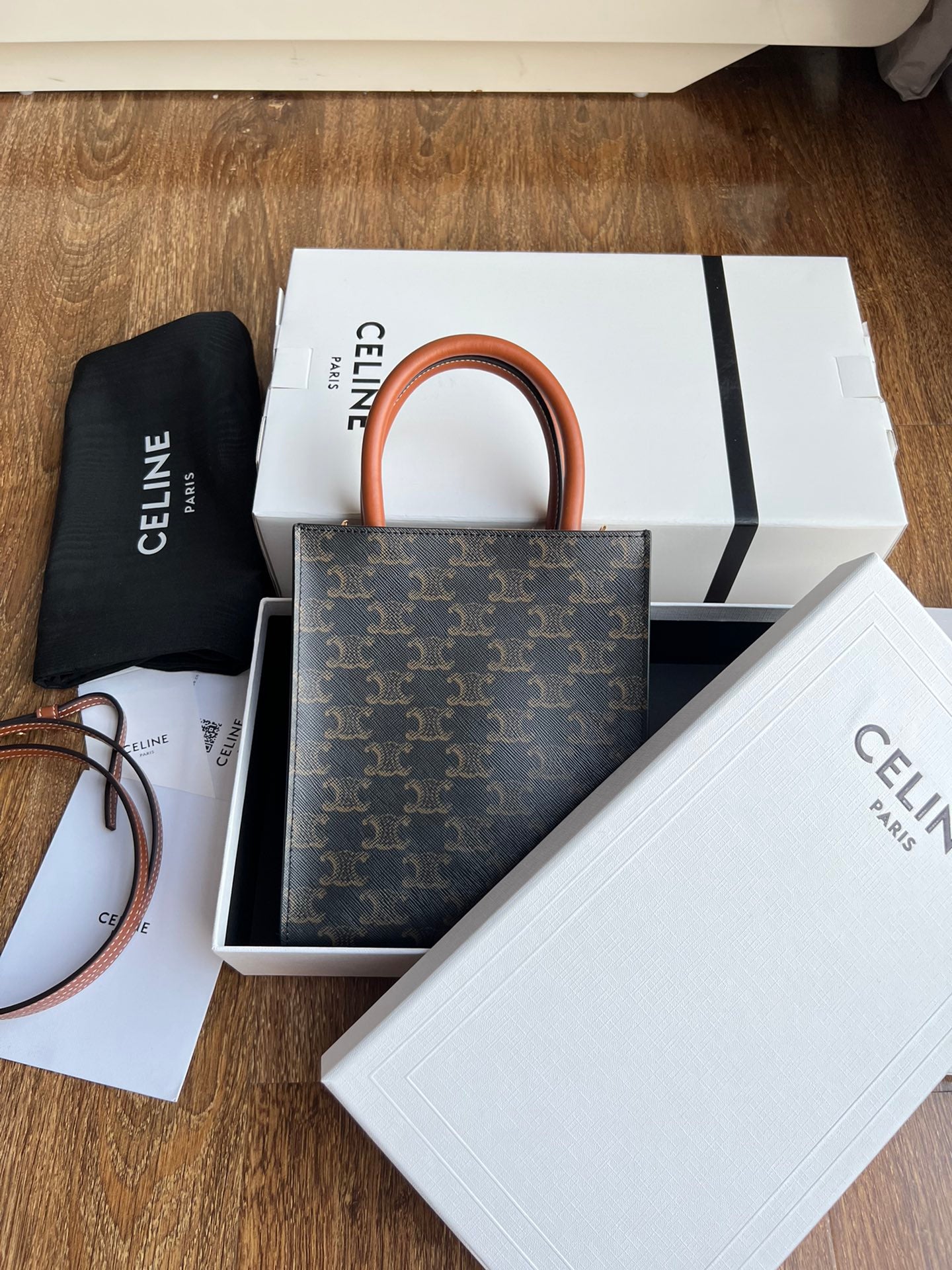 Celine Mini Vertical Cabas in Triomphe Canvas with Celine Print - Tan/Black