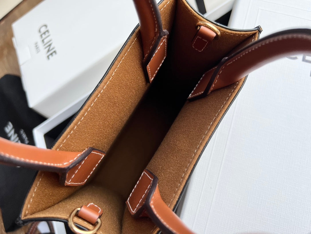 Celine Mini Vertical Cabas in Triomphe Canvas with Celine Print - Tan/Black