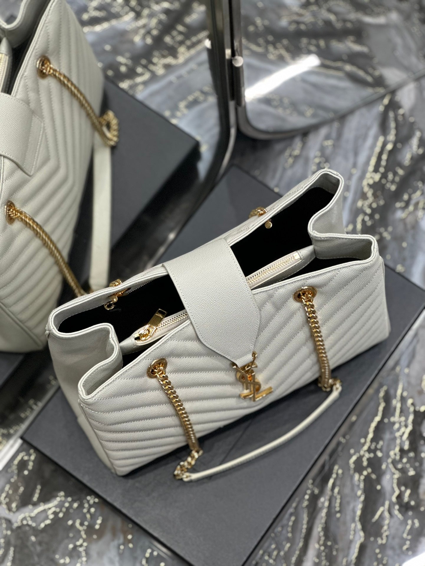 Luxury Quilted Leather Chevron Tote Bag - Cream White Shoulder Bag with Gold Chain Straps