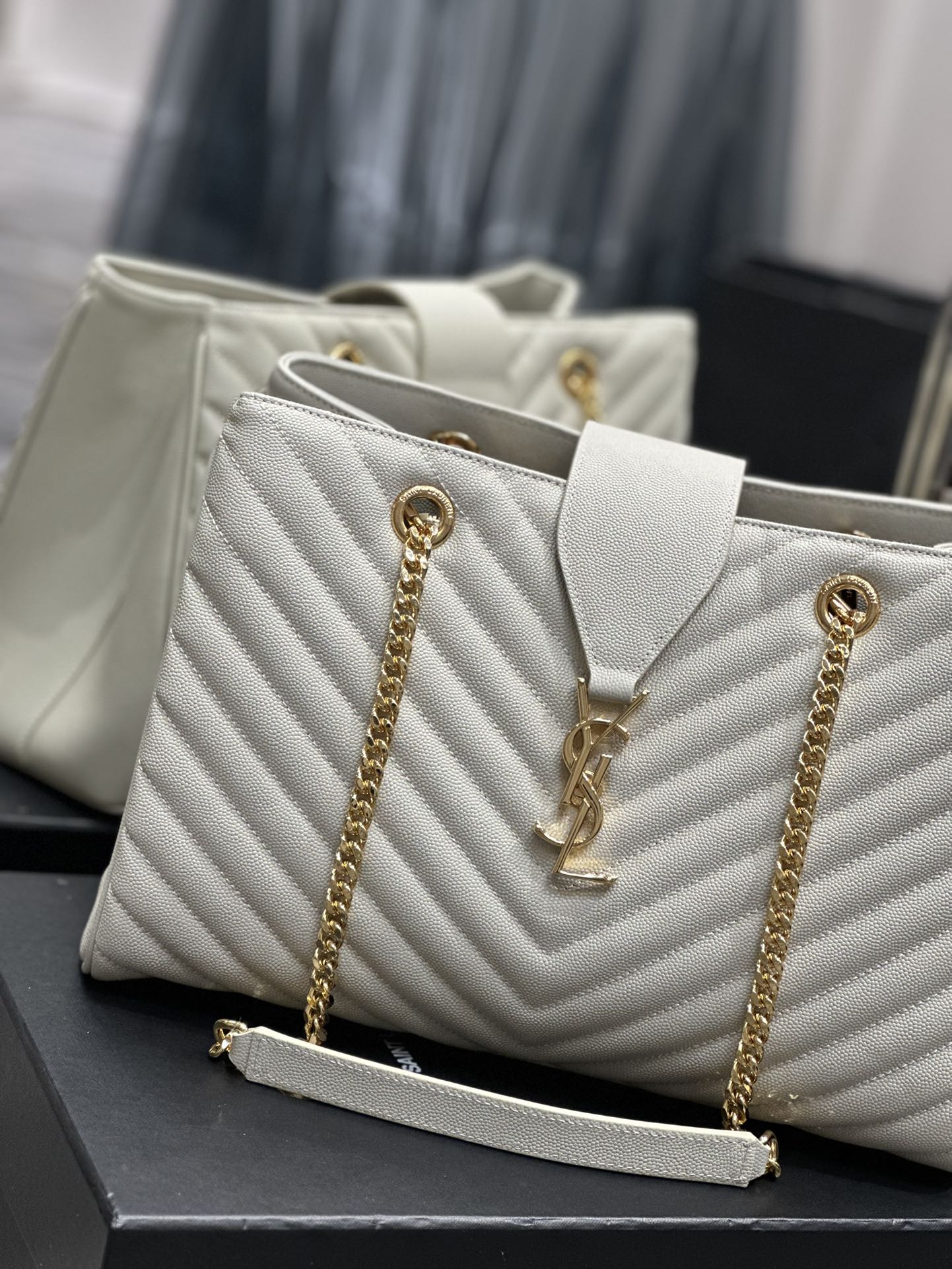 Luxury Quilted Leather Chevron Tote Bag - Cream White Shoulder Bag with Gold Chain Straps