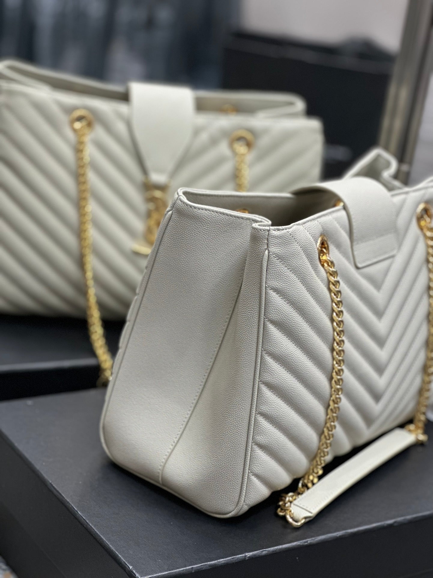 Luxury Quilted Leather Chevron Tote Bag - Cream White Shoulder Bag with Gold Chain Straps