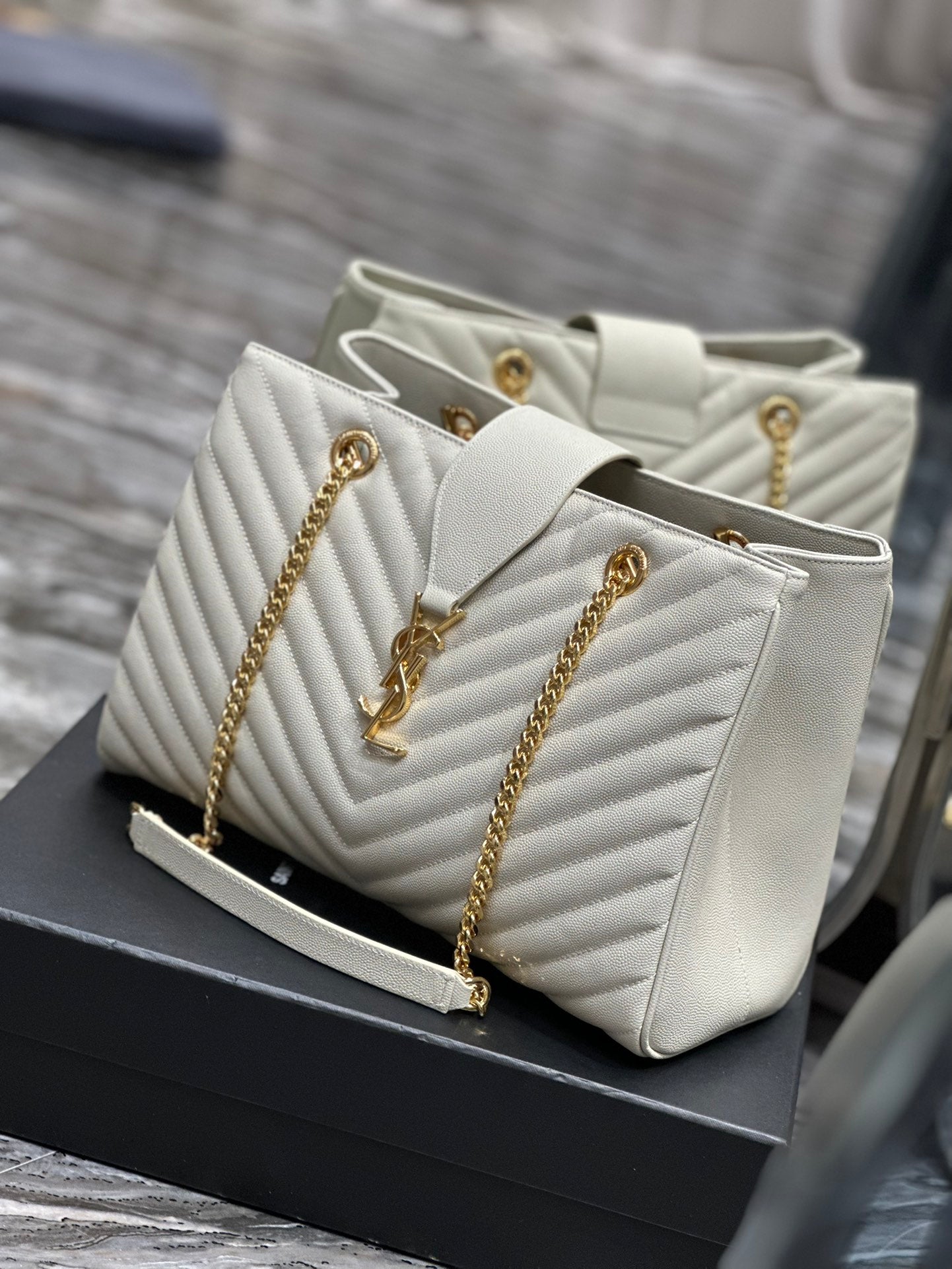 Luxury Quilted Leather Chevron Tote Bag - Cream White Shoulder Bag with Gold Chain Straps