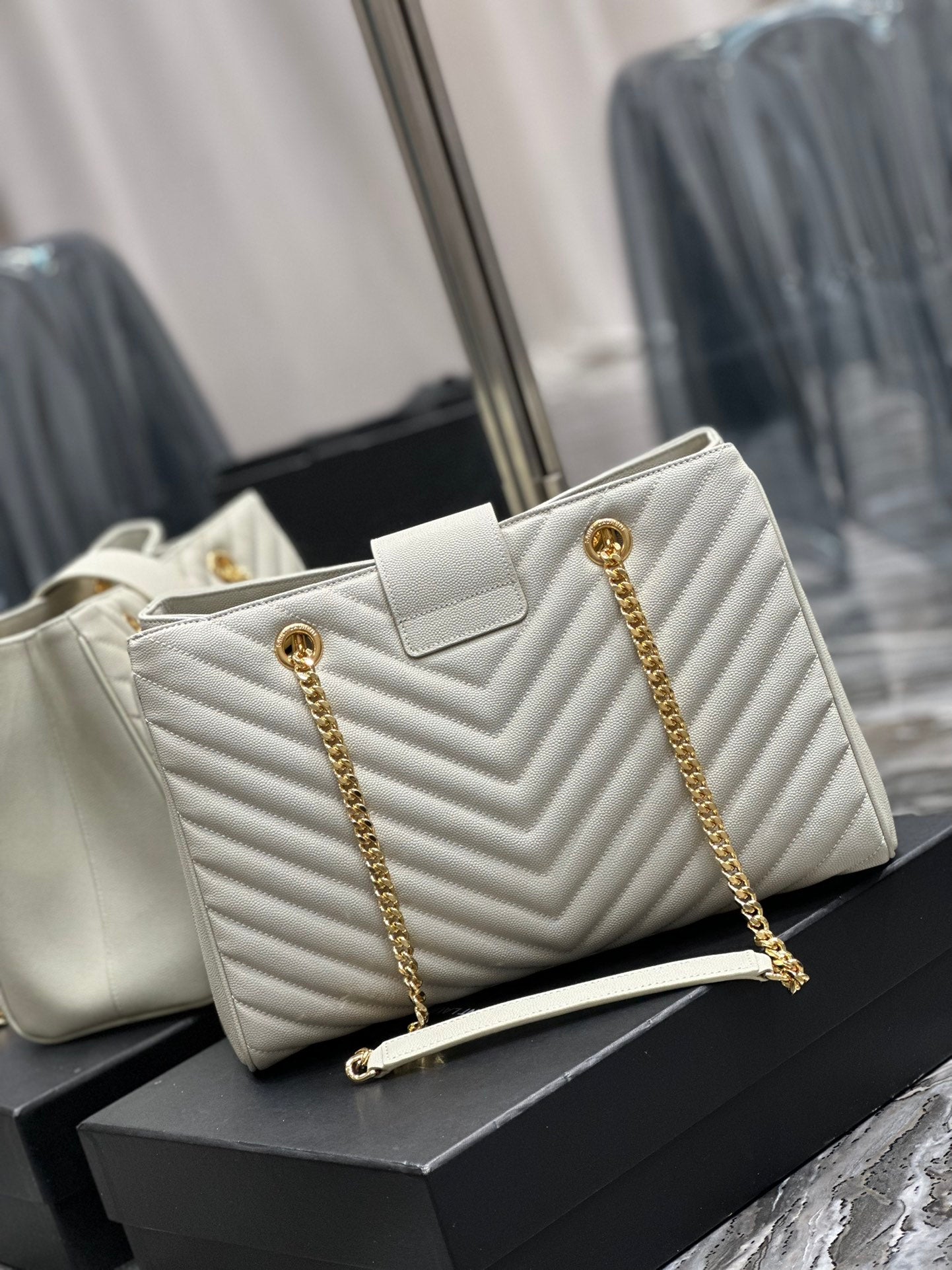 Luxury Quilted Leather Chevron Tote Bag - Cream White Shoulder Bag with Gold Chain Straps