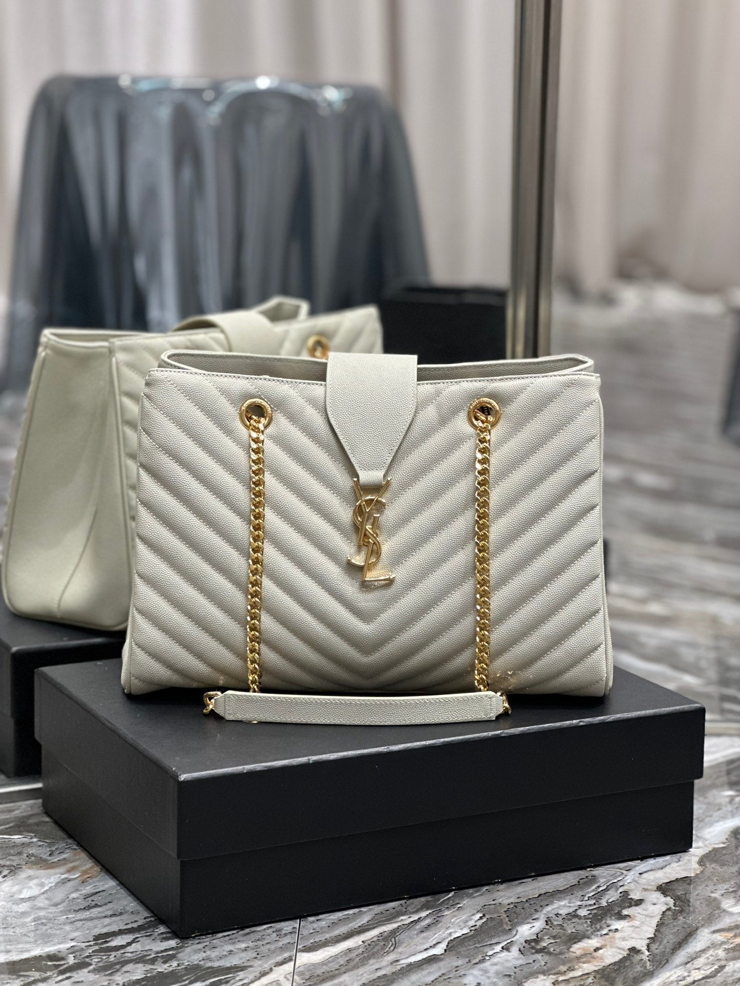 Luxury Quilted Leather Chevron Tote Bag - Cream White Shoulder Bag with Gold Chain Straps