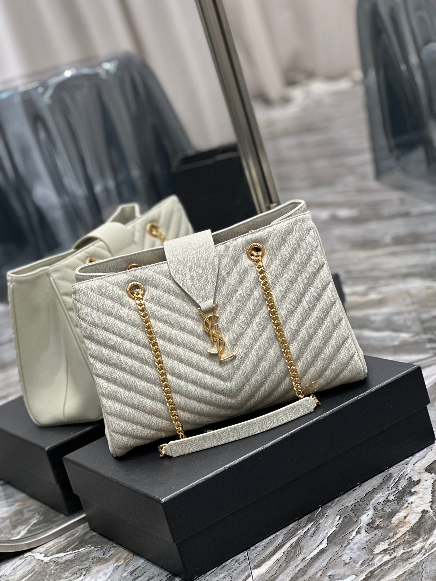 Luxury Quilted Leather Chevron Tote Bag - Cream White Shoulder Bag with Gold Chain Straps