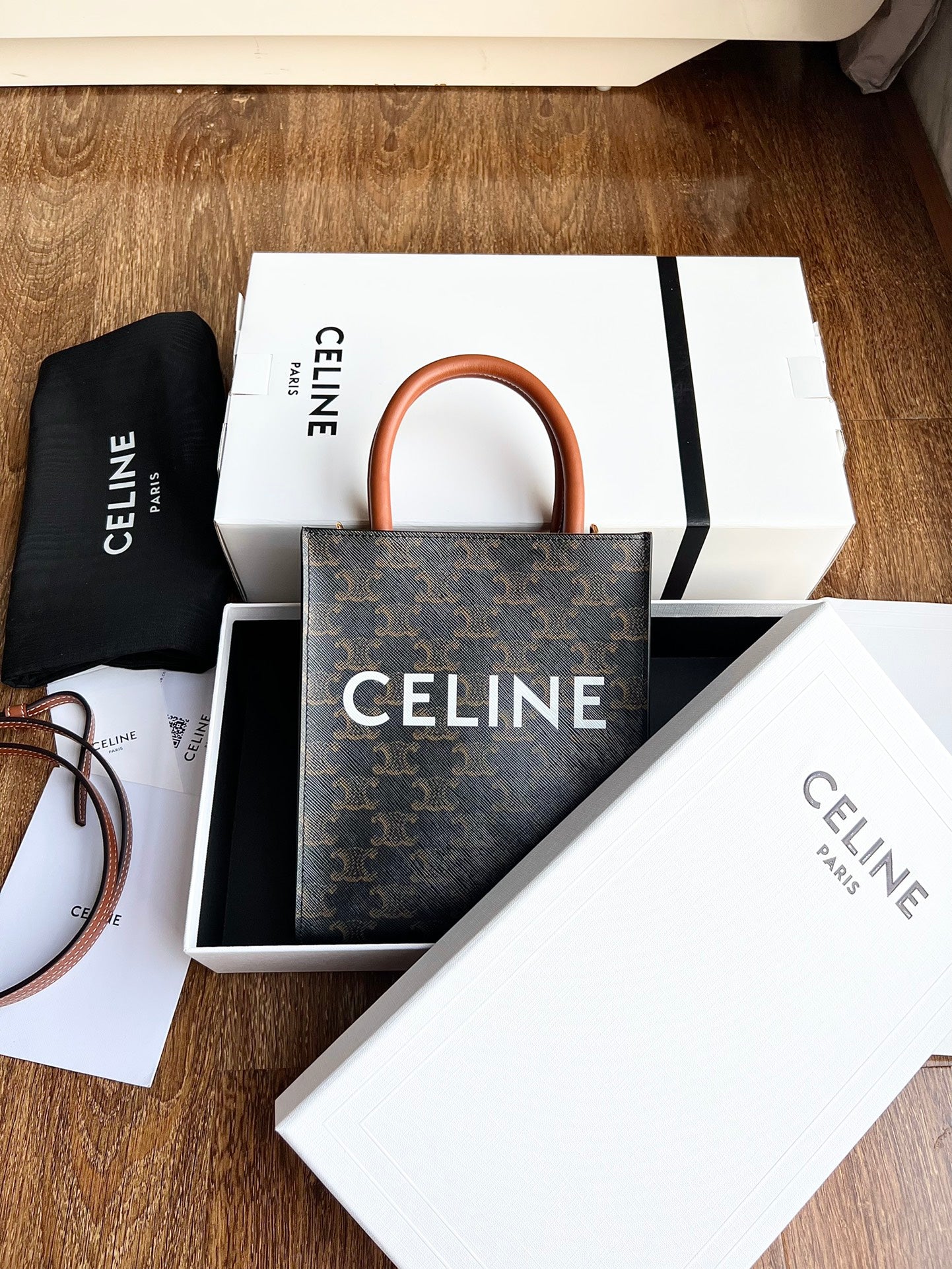 Celine Mini Vertical Cabas in Triomphe Canvas with Celine Print - Tan/Black