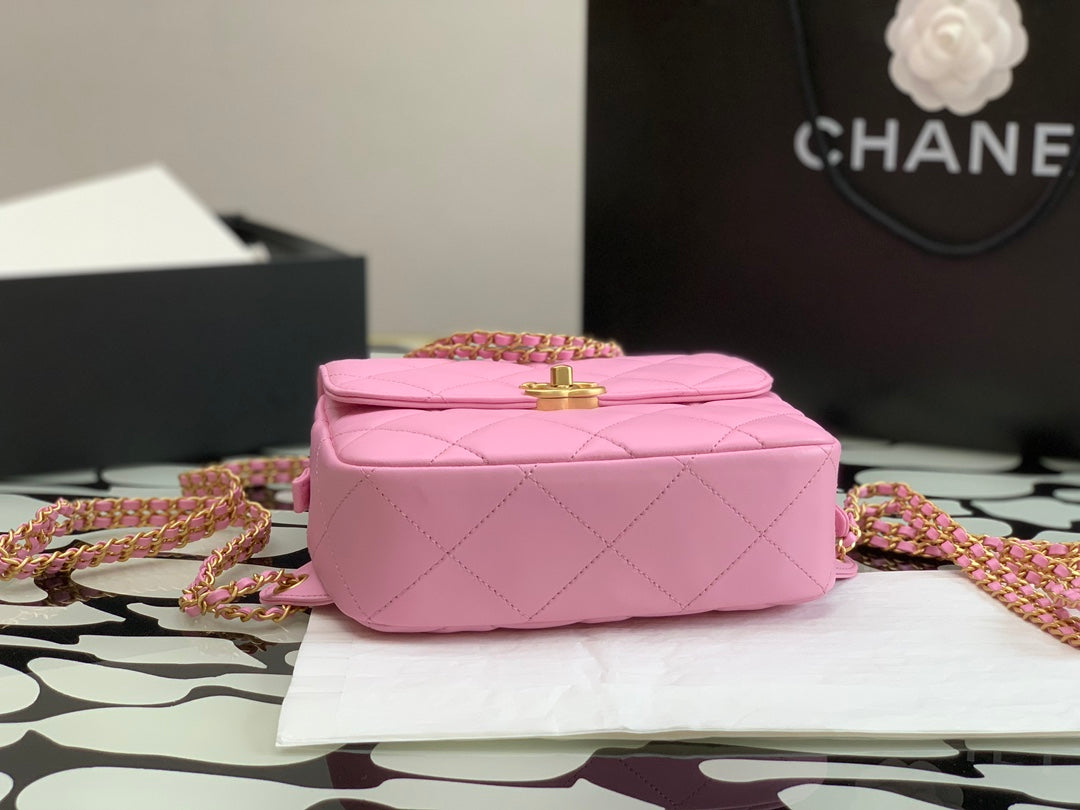 Chanel Pink Quilted Lambskin Mini Flap Bag with Gold-Tone Hardware