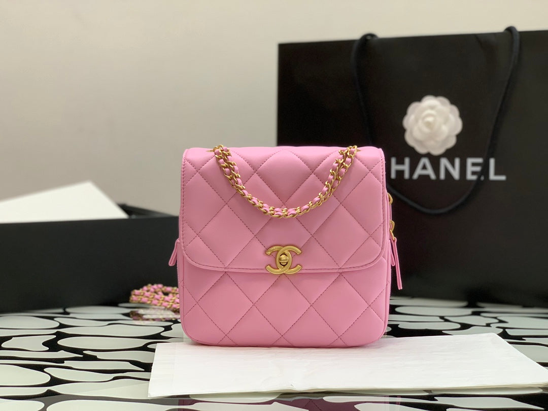 Chanel Pink Quilted Lambskin Mini Flap Bag with Gold-Tone Hardware