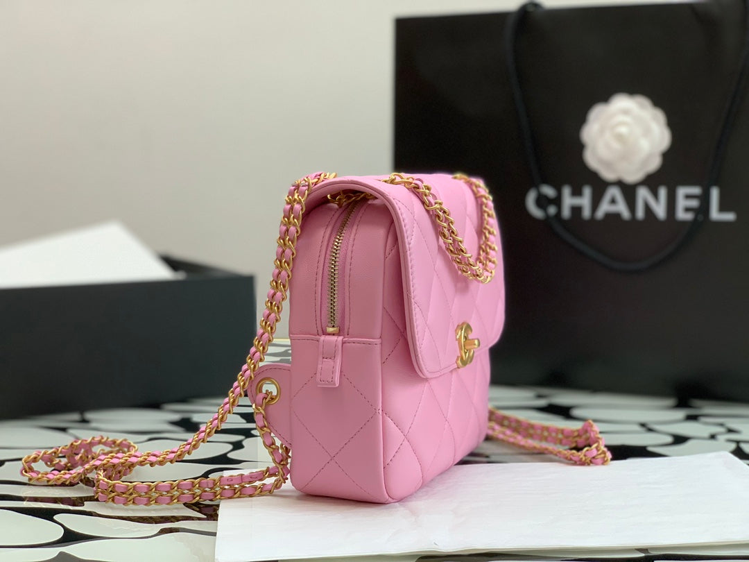 Chanel Pink Quilted Lambskin Mini Flap Bag with Gold-Tone Hardware