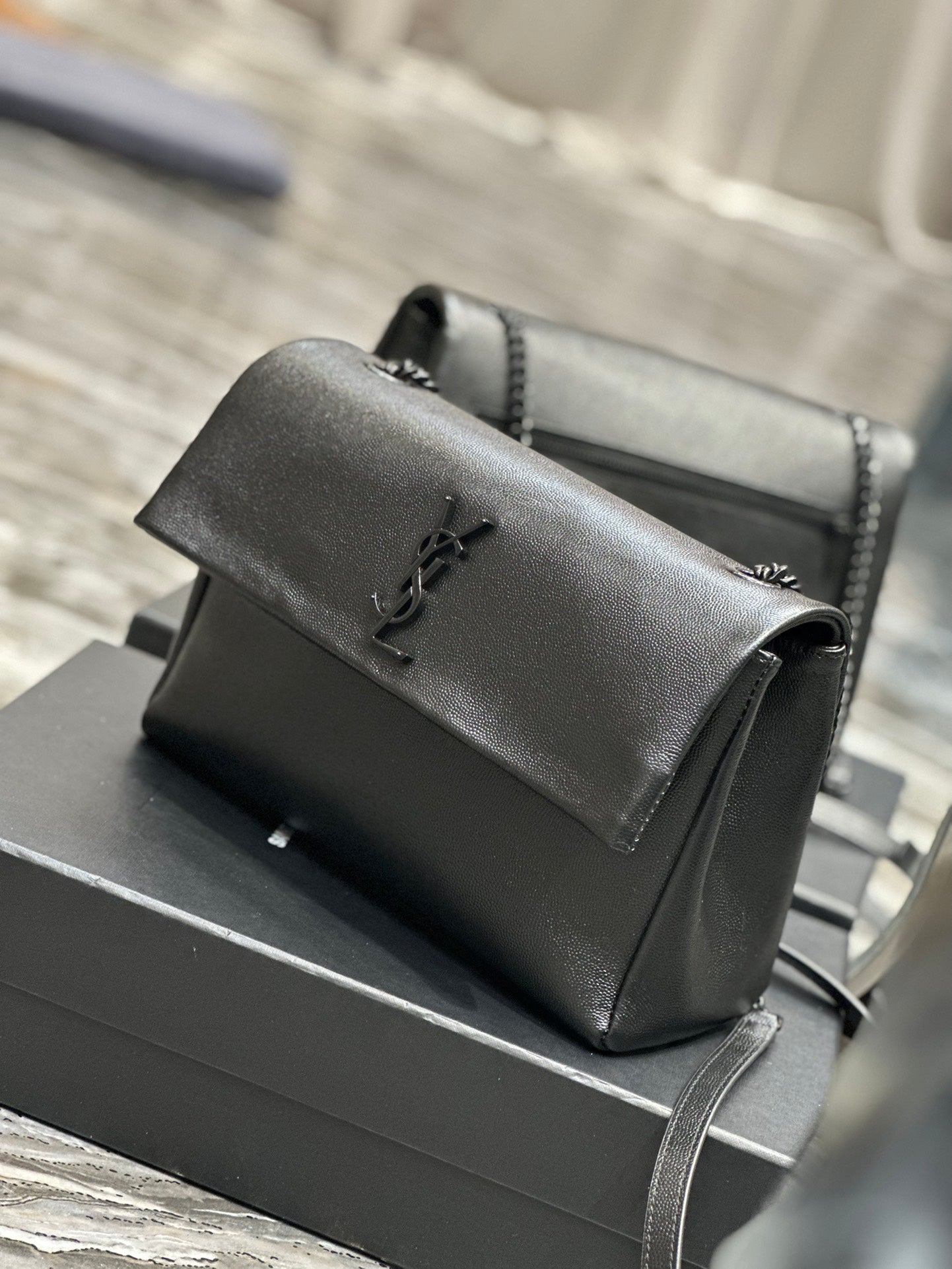 Saint Laurent Monogram Black Leather Flap Shoulder Bag - Tonal YSL Logo