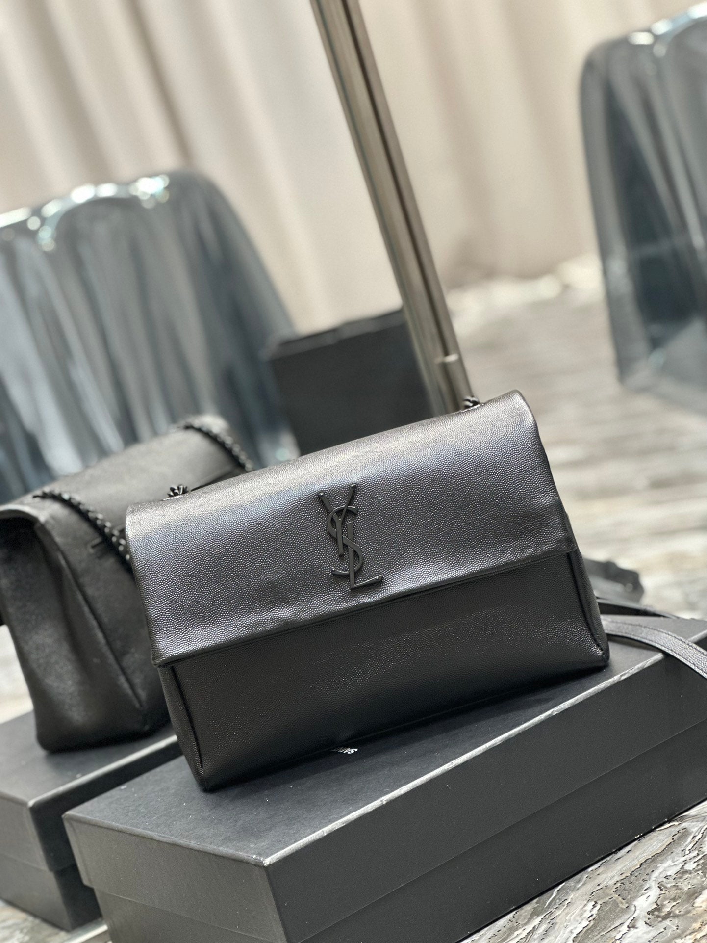 Saint Laurent Monogram Black Leather Flap Shoulder Bag - Tonal YSL Logo