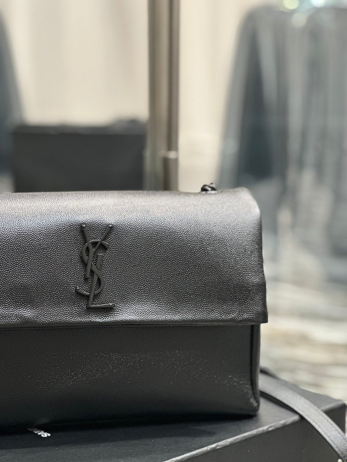 Saint Laurent Monogram Black Leather Flap Shoulder Bag - Tonal YSL Logo