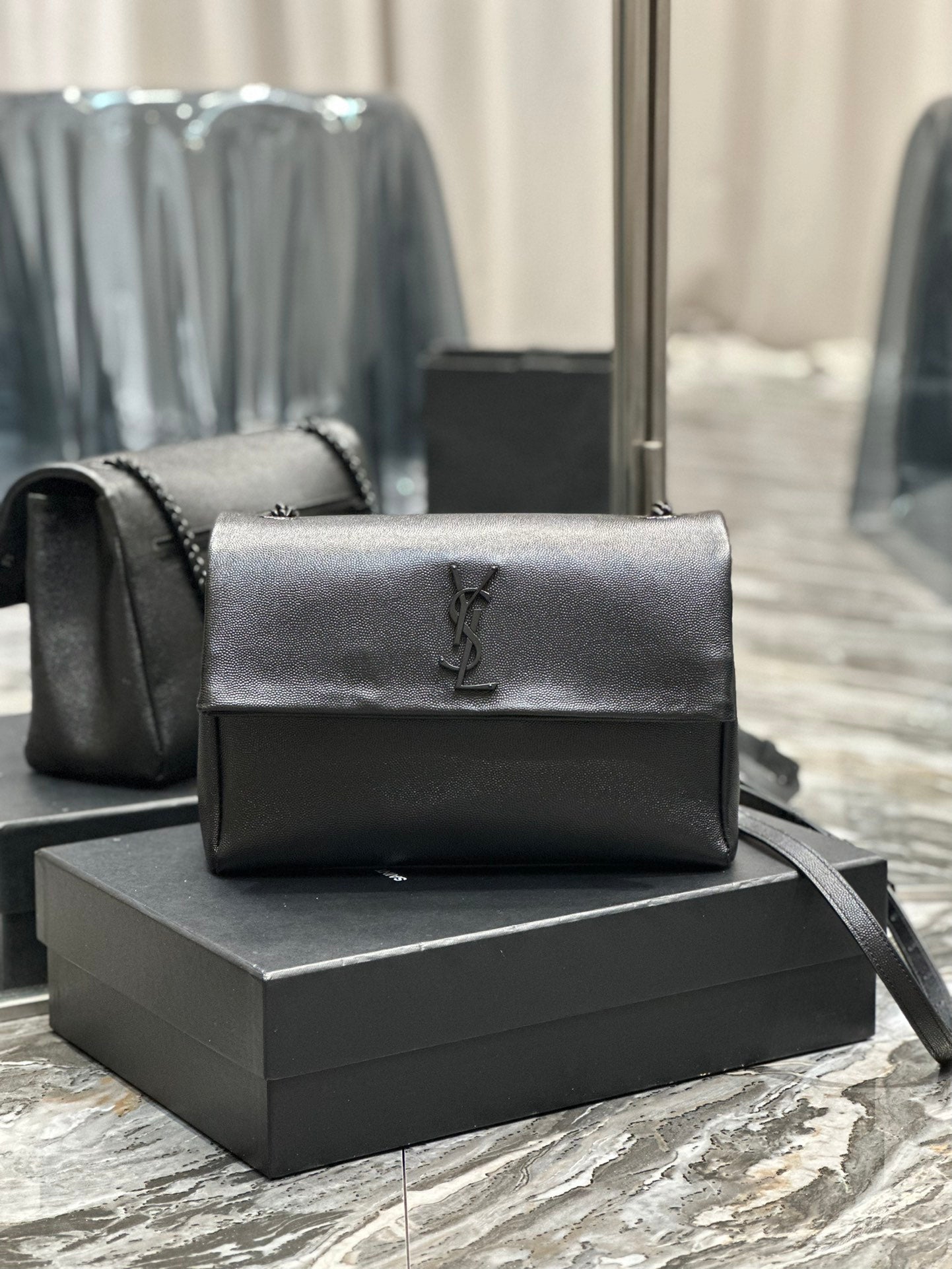 Saint Laurent Monogram Black Leather Flap Shoulder Bag - Tonal YSL Logo
