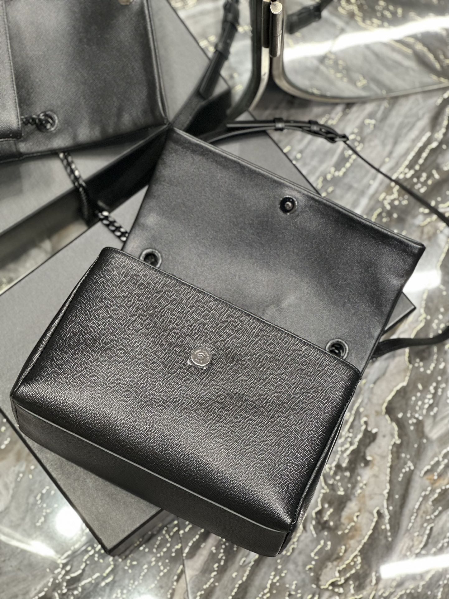 Saint Laurent Monogram Black Leather Flap Shoulder Bag - Tonal YSL Logo