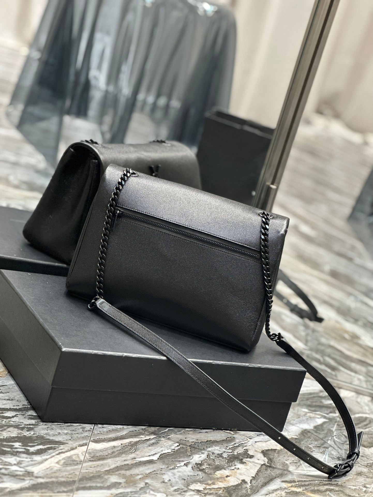 Saint Laurent Monogram Black Leather Flap Shoulder Bag - Tonal YSL Logo
