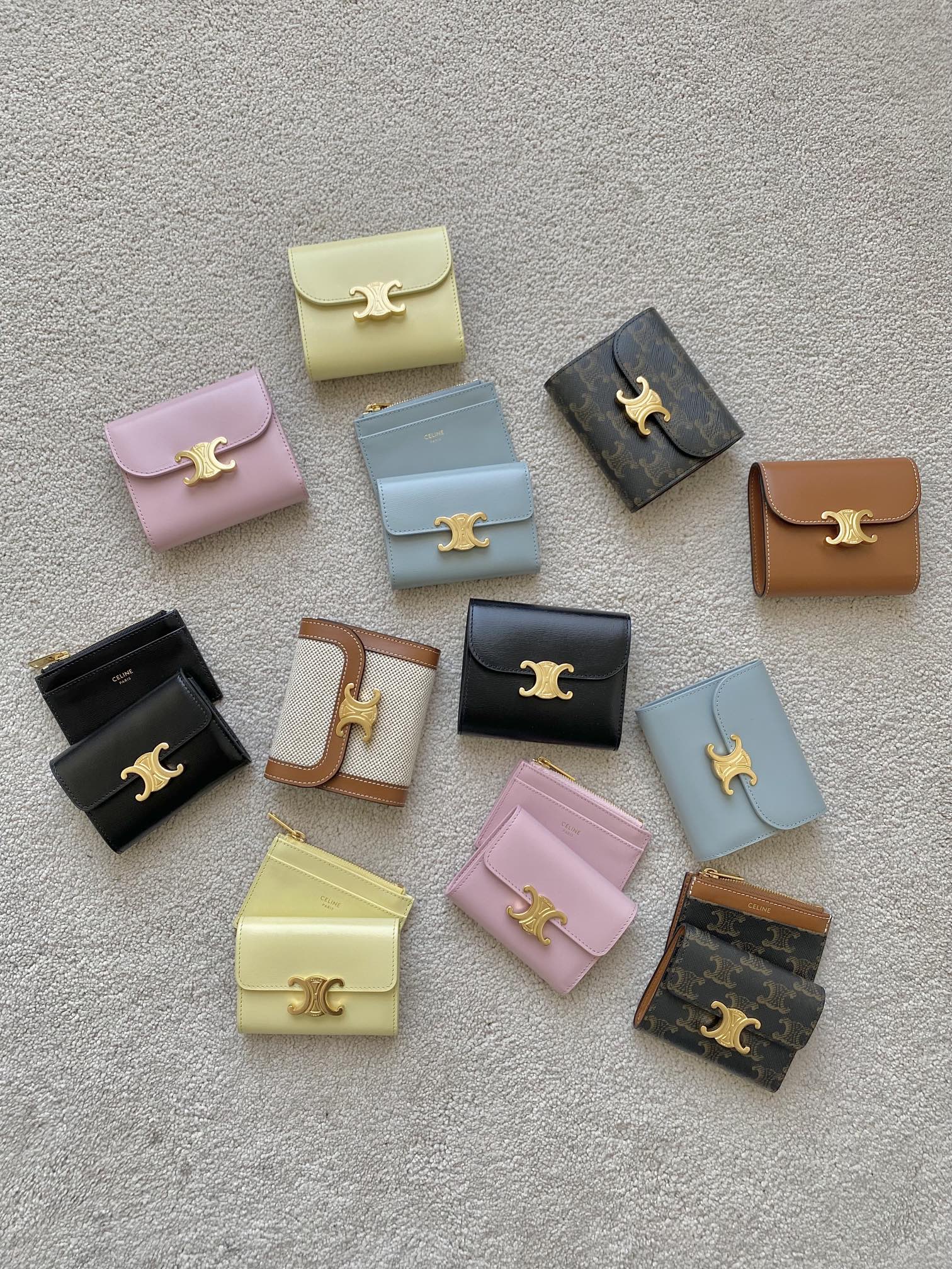 Celine Triomphe Small Compact Wallet in Shiny Calfskin and Textile
