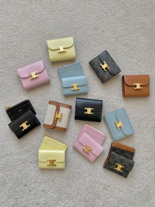 Celine Triomphe Small Compact Wallet in Shiny Calfskin and Textile