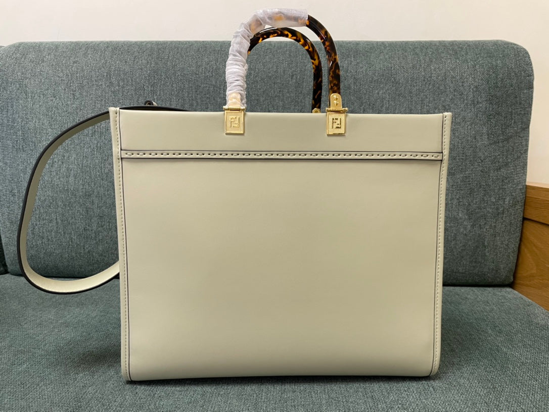 Fendi Sunshine Medium Roma Logo Embossed Leather Tote Bag - Beige