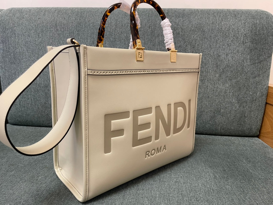 Fendi Sunshine Medium Roma Logo Embossed Leather Tote Bag - Beige