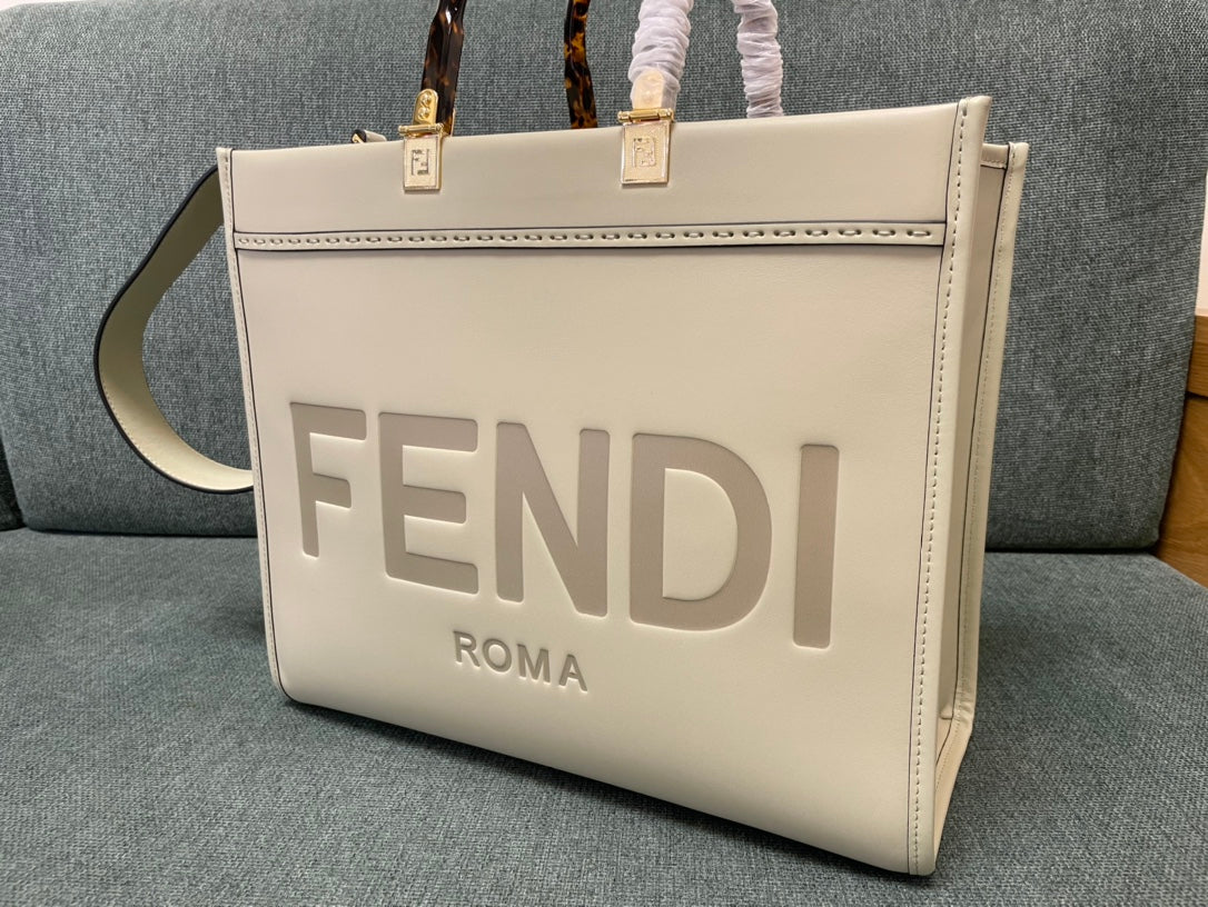Fendi Sunshine Medium Roma Logo Embossed Leather Tote Bag - Beige