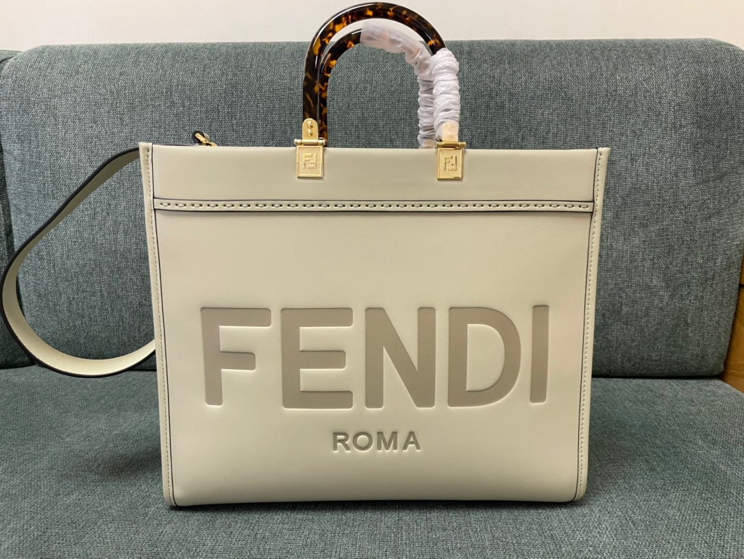 Fendi Sunshine Medium Roma Logo Embossed Leather Tote Bag - Beige