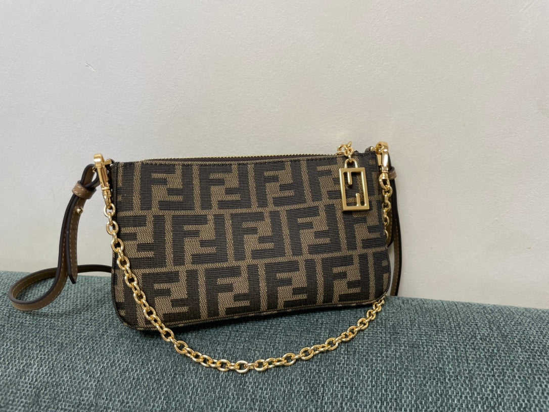 Fendi FF Monogram Canvas Mini Bag with Gold-Tone Chain and Charm