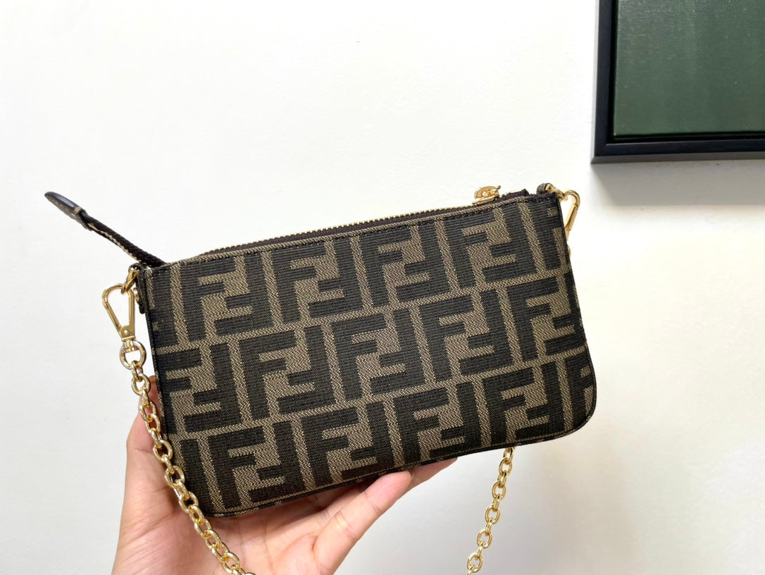 Fendi FF Monogram Canvas Mini Bag with Gold-Tone Chain and Charm