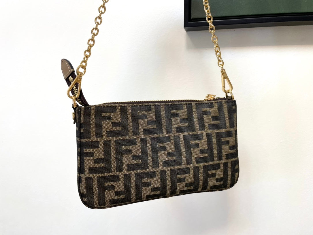 Fendi FF Monogram Canvas Mini Bag with Gold-Tone Chain and Charm
