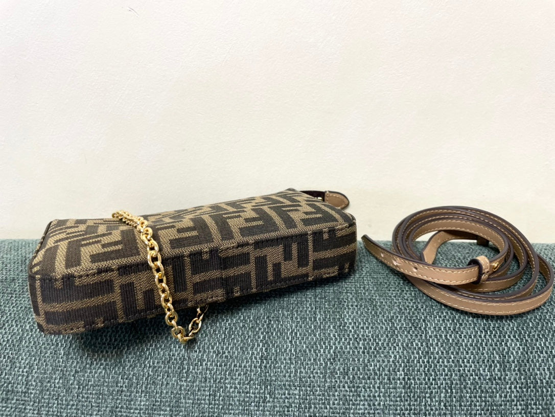 Fendi FF Monogram Canvas Mini Bag with Gold-Tone Chain and Charm
